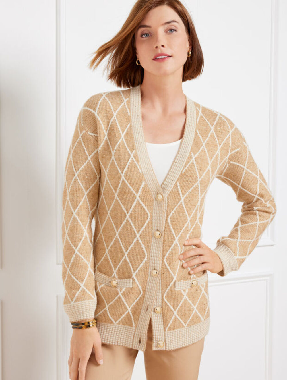 Talbots Women's Sequin Argyle V-Neck Cardigan S